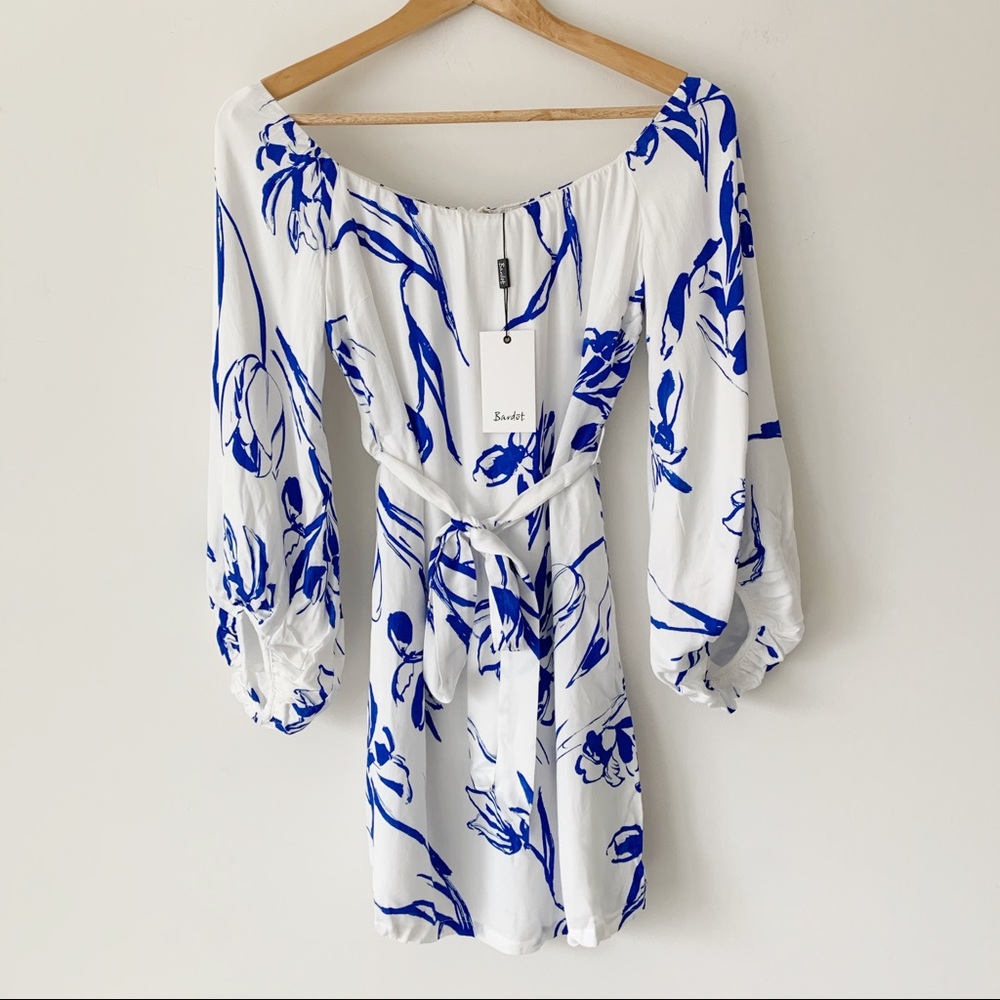 Bardot Off Shoulder White Blue Floral Mini Dress